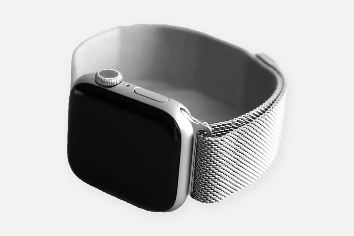 Apple Watch with a silver Milanese Loop band